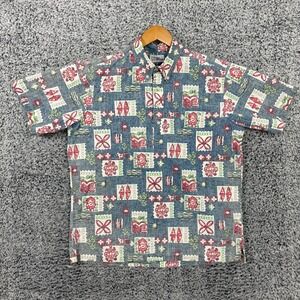Reyn Spooner Shirt Mens XL Blue Hawaiian Aloha Tiki Half Placket Button Front